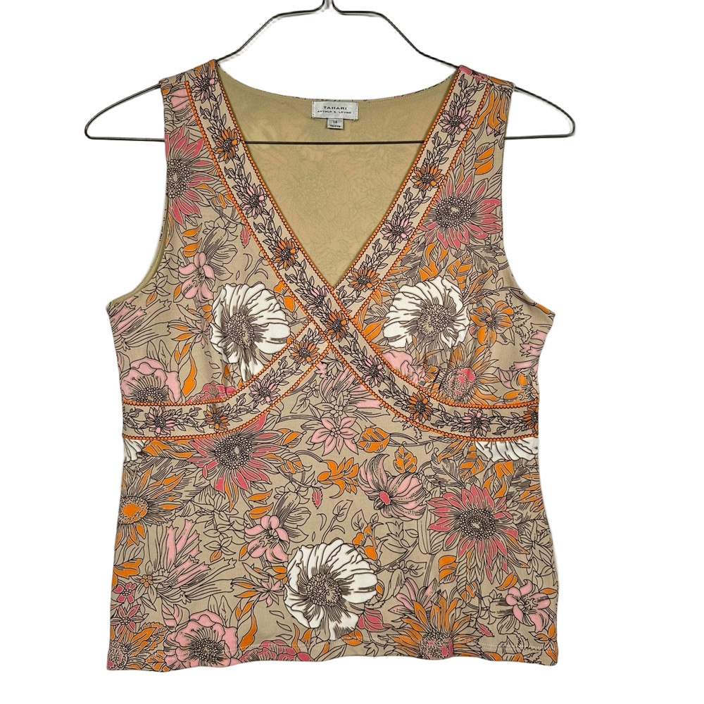 Tahari Sleeveless V-Neck Blouse Tan Floral Size 14